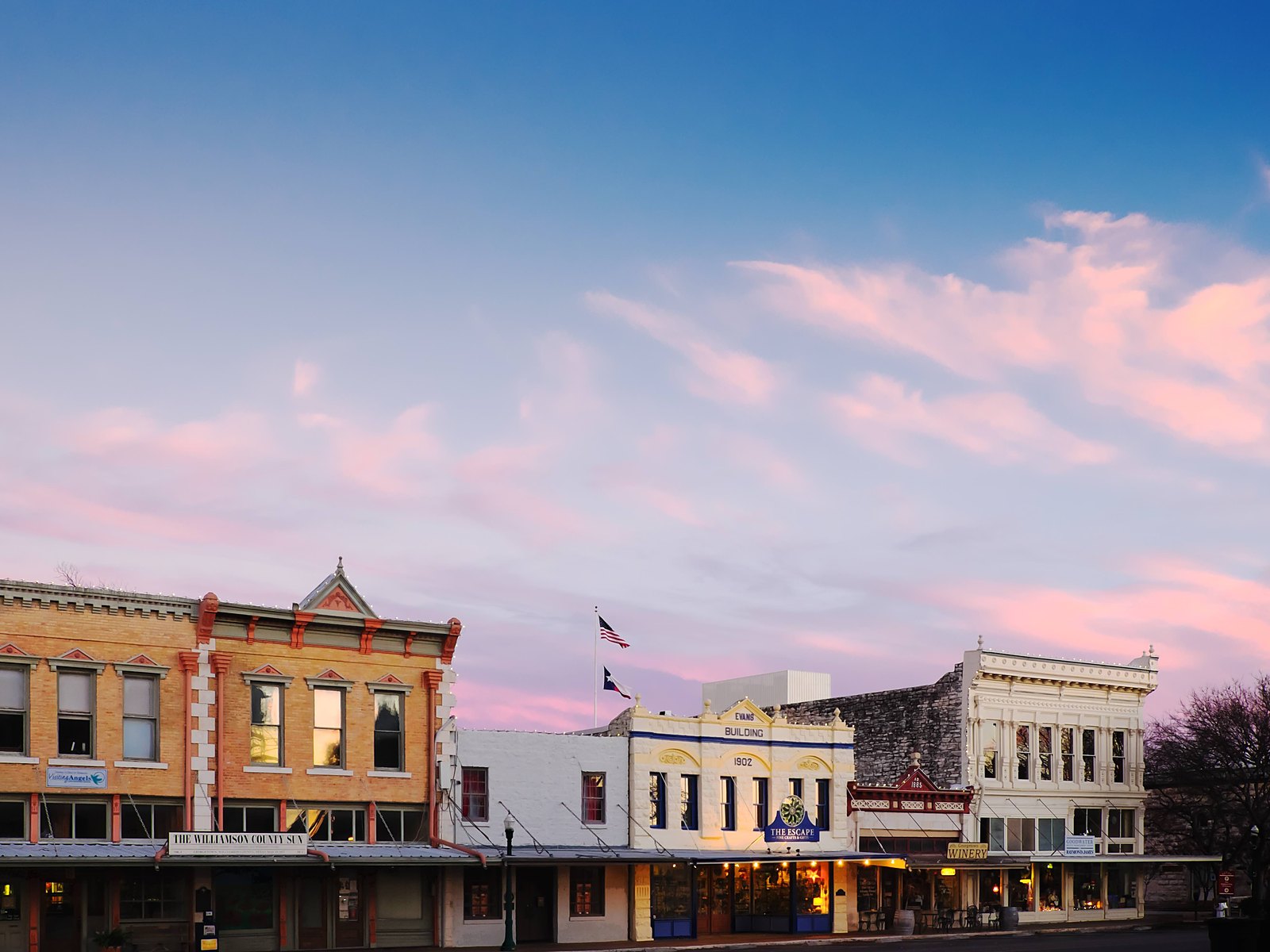 Georgetown square at sunset with string lights